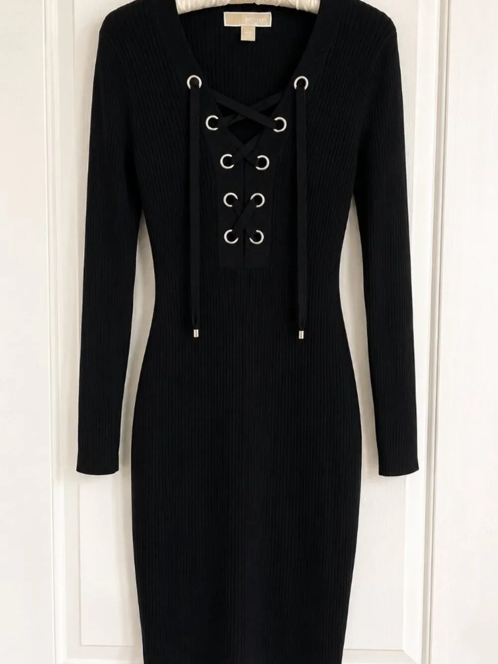 Michael Kors Black Ribbed Lace-up Sweater Dress XXS